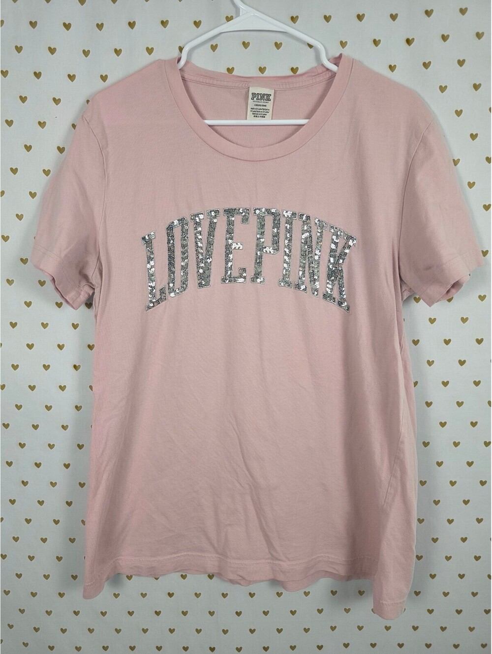 Victorias Secret PINK Silver Bling Sequined Tee shirt Logo Large